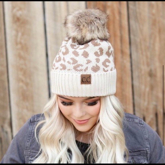 New! C.C Beanie Hat Leopard Print Knit Faux Fur Pom Warm Winter Hat - Picture 4 of 7